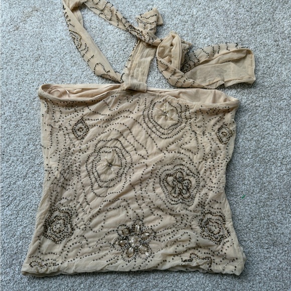 Zara Beige Tan Brown Beaded Floral Tube Top Blouse With Neck Scarf Large - Picture 4 of 4